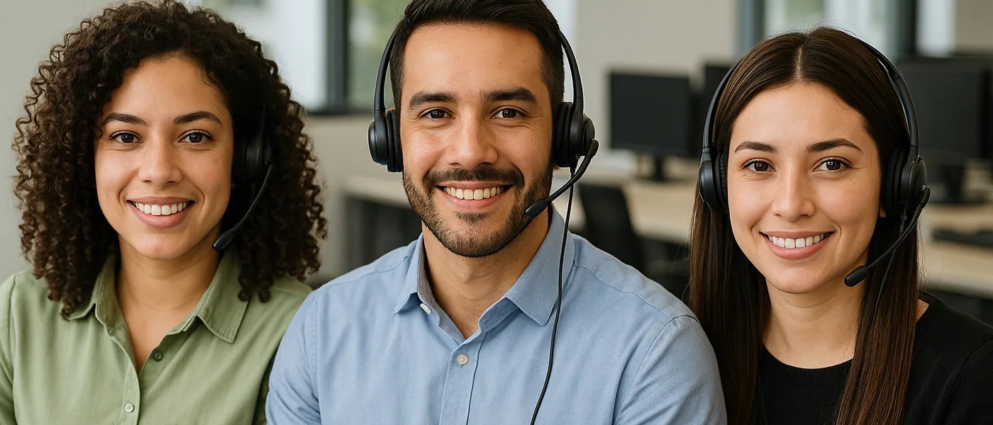 Equipo de call center de posgrados apoyando a aspirantes en un espacio moderno.